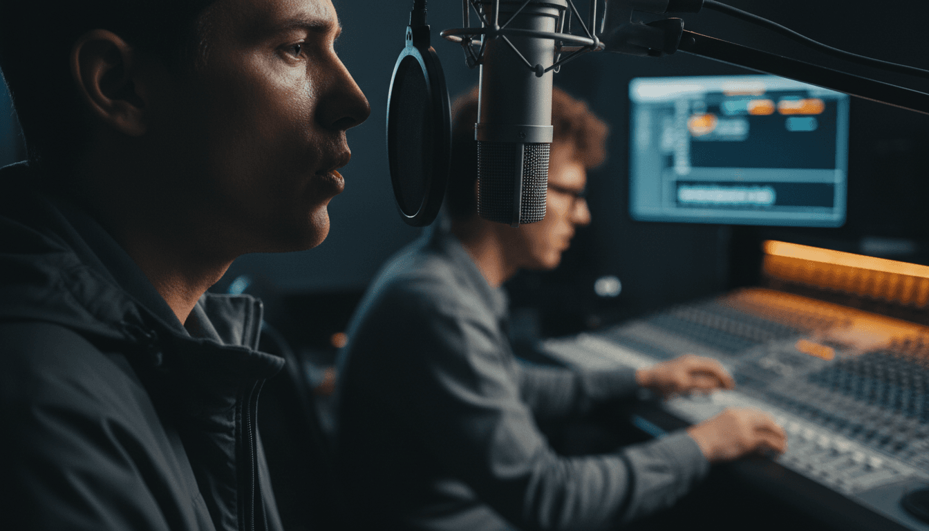 Voice actor recording IVR phone prompts in professional studio