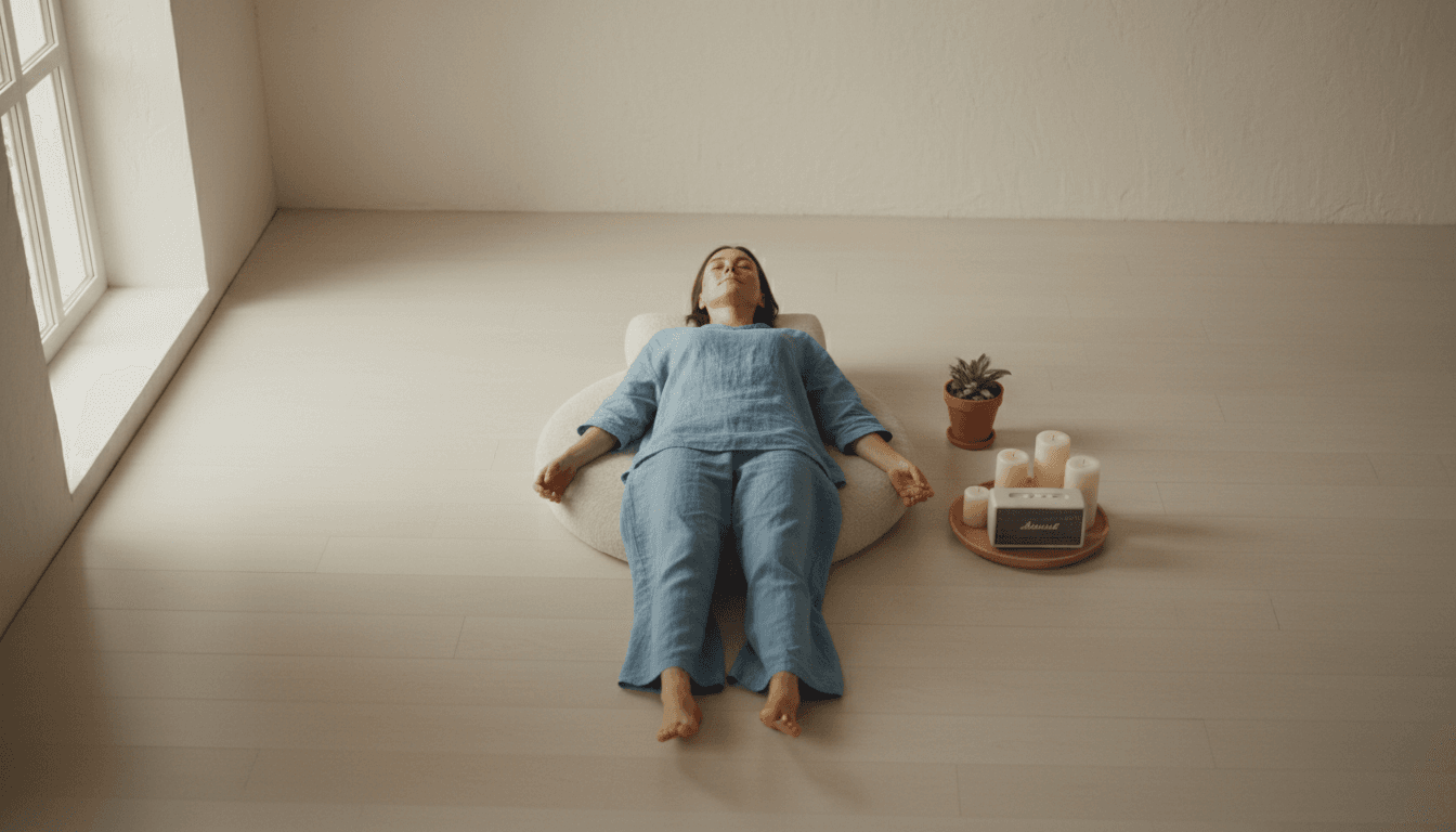 Person in peaceful meditation with ambient sound playback