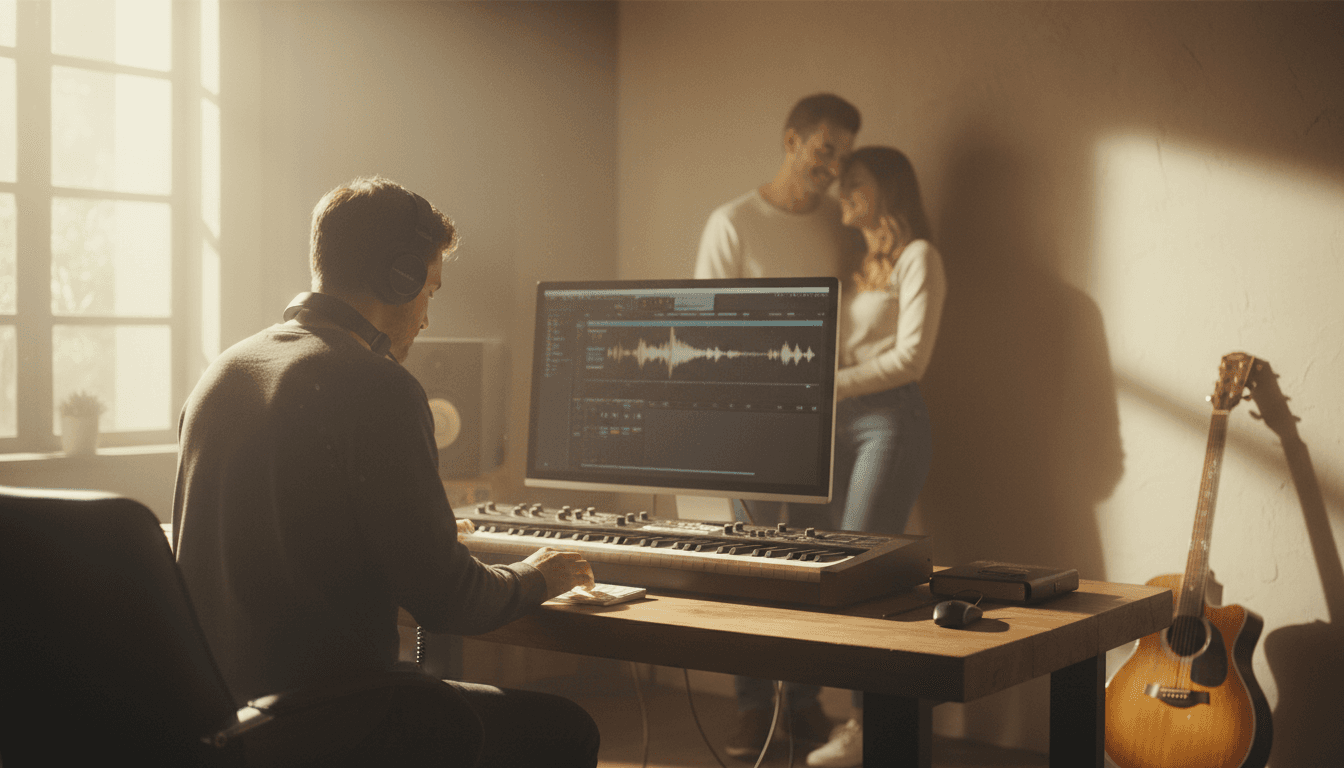 Music producer creating custom composition with couple in background