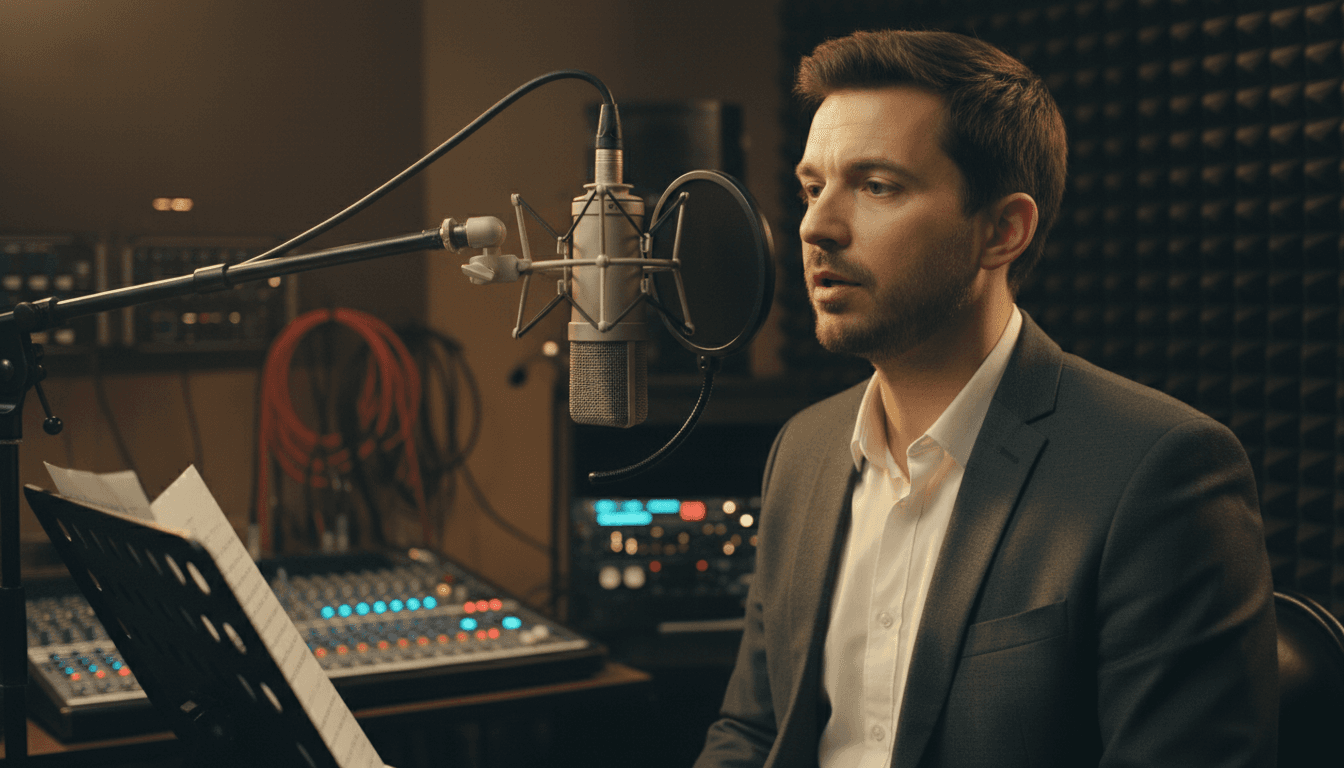 Voice actor recording into professional microphone in studio