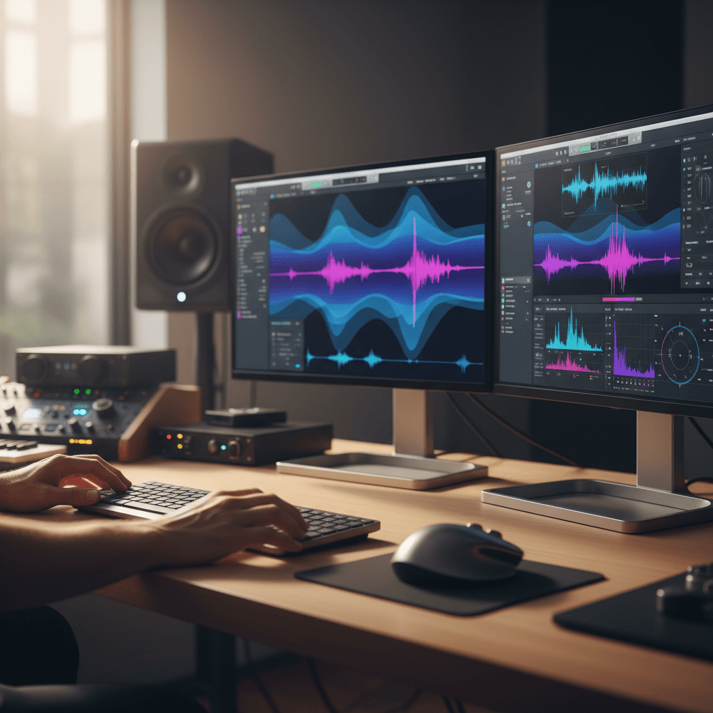 Music producer hands working on audio production software with multiple monitors displaying waveforms and analytics dashboards in modern studio