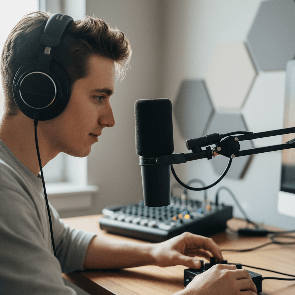 Podcast host wearing headphones, adjusting professional microphone in home studio with natural light